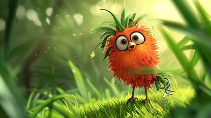 Poster - A comical bird that is animated and full of life on a bright green backdrop