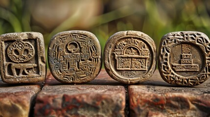 Close-up of four ancient clay tokens with intricate carvings.