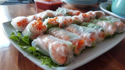 Poster - Closeup of fresh spring rolls with shrimp, carrots, and rice on a white plate.