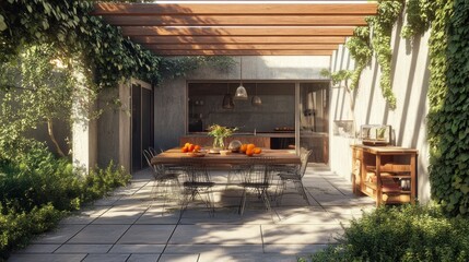 Poster - Wooden patio table with chairs, flowers, and oranges, under a wooden pergola covered in vines, with a glimpse of a kitchen in the background.