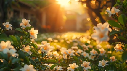 A field of white flowers is in full bloom, with the sun shining brightly on them