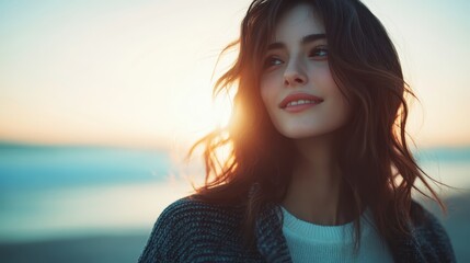 A woman with wavy hair wearing a sweater is smiling at sunset on a beach, enjoying a serene and peaceful moment by the sea.