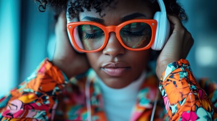 A stylish woman with orange glasses and colorful outfit listening to music on headphones, enjoying a vibrant and energetic moment filled with creativity.