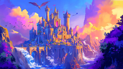 Sticker - Illustration of vibrant dynamic fantasy castle in an epic mythical setting