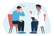 © Oksana - The patient and the doctor are talking in the office. Man with headache visits doctor. Physician consults patient, diagnoses, prescribes treatment.Vector flat  illustration.