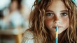 © JoxyAimages - Close-up of a young girl with freckles and brown hair, sipping from a colorful striped straw in a candid moment, highlighting innocence and curiosity.