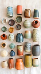 Wall Mural - An array of colorful pottery pieces showcasing different glazes and textures on a neutral backdrop