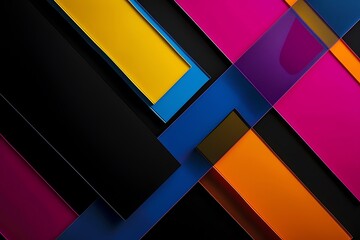 Wall Mural - overlapping rectangles, each a different neon hue, against a stark black background. minimalist desi