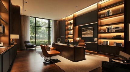 Poster - Modern Office Interior with Warm Lighting and Large Window.