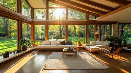 Poster - Sun-drenched living room with large windows overlooking a green lawn and trees, white couches and a wooden rocking chair, a wooden coffee table and a fluffy white rug.