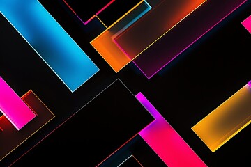 Wall Mural - overlapping rectangles, each a different neon hue, against a stark black background. minimalist desi
