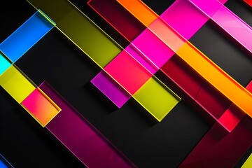 Wall Mural - overlapping rectangles, each a different neon hue, against a stark black background. minimalist desi