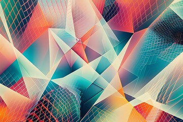 Wall Mural - Overlapping triangles, dynamic mesh, vibrant gradient, visual depth, optical illusion, kinetic energy, rhythmic flow, high contrast, intricate symmetry, bold colors