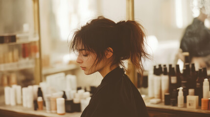 an individual with unruly hair is photographed indoors against a backdrop of beauty products and sty