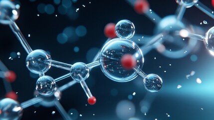 Poster - A 3D holographic representation of a molecular structure with atoms depicted as transparent spheres and bonds as connecting lines. This image symbolizes the interconnectedness of elements, scientific 