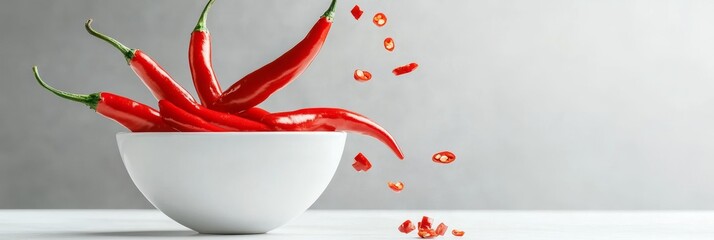 A bowl of red chili peppers with some falling out, symbolizing abundance, spiciness, flavor, heat, and freshness.