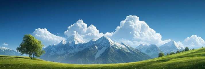 Sticker - A breathtaking view of a serene alpine landscape, showcasing majestic snow-capped mountain peaks rising towards a clear blue sky adorned with fluffy white clouds. Lush green meadows stretch out in the