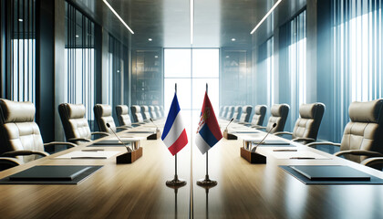 A modern conference room with France and Serbia flags on a long table, symbolizing a bilateral meeting or diplomatic discussions between the two nations.