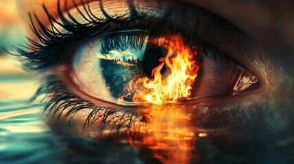 Canvas Print - A captivating close-up of an eye, with fiery tears reflecting in the water. The image symbolizes the interplay of emotions, passion, and the duality of nature.