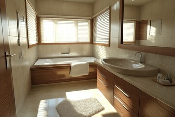 Wall Mural - Outdated Apartment. Simple Brown Bathroom Interior with Wooden Cabinets and Shower