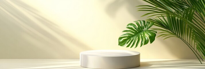 Sticker - A clean, modern product display featuring a white cylindrical podium with a tropical palm leaf partially overhanging. Sunlight streams in, casting soft shadows on the background and the podium, creati