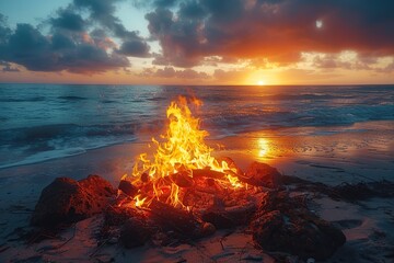 Wall Mural - Campfire on the Beach at Sunset