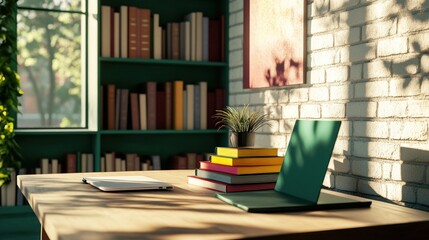 Canvas Print - A wooden table with a laptop, books and a potted plant, with sunlight streaming through a window, casting shadows on a brick wall in the background.