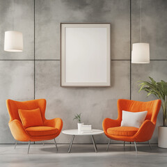 Modern Scandinavian Design Featuring Two Orange Armchairs and a White Sofa Against a Concrete Wall

