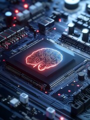 Sticker - A close-up of a motherboard with a brain-inspired design, symbolizing the convergence of technology and human intelligence, the power of AI, the future of computing, and the interconnectedness of the 