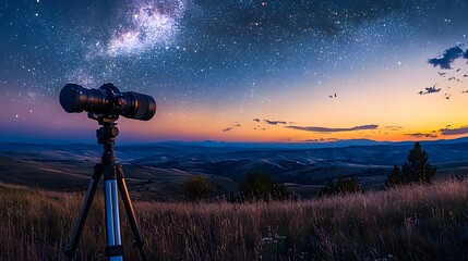 Wall Mural - a tripod setup for astrophotography capturing planets with natural landscape in the background