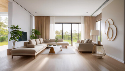 A simple living room with clean lines and neutral colors