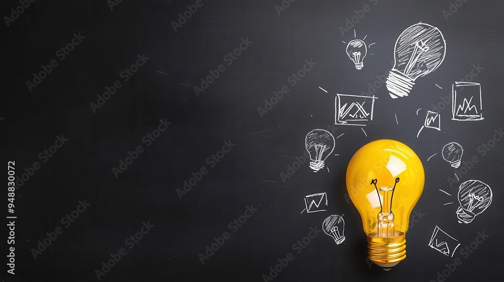 Hand Drawing Business Icons and Light Bulb on Blackboard for Creative ...