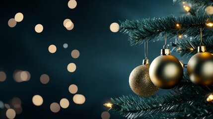 Poster - A close-up of golden Christmas ornaments hanging from a Christmas tree, with bokeh lights in the background. The image evokes a sense of festive cheer, tradition, and the magic of the holiday season.