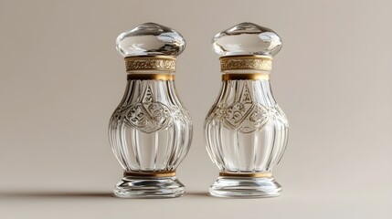 Wall Mural - a pair of elegant glass salt and pepper shakers with intricate designs, placed on a light solid colo