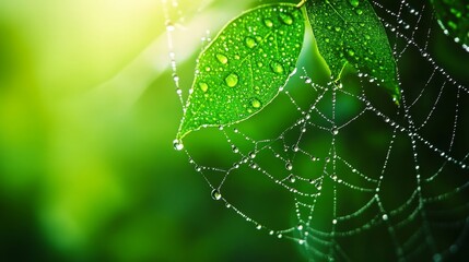 Poster - A close-up photo of dew drops clinging to a spiderweb, showcasing the delicate beauty of nature. The web acts as a tiny canvas for the droplets, creating a mesmerizing display of light and reflection.