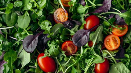 Wall Mural - Healthy salad, leaves mix salad (mix micro greens, juicy snack, tomato). food background - Image 