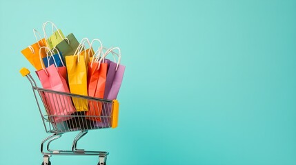 Wall Mural - a shopping cart filled with colorful bags and products on a light solid color background