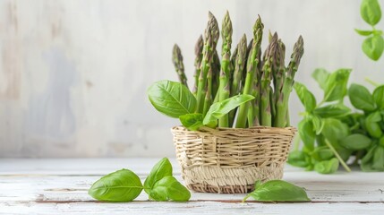 Wall Mural - Healthy food background. A fresh asparagus and green basilica in a straw basket on white wooden table. Front view 