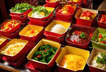 vibrant chinese takeout boxes overflowing colorful dishes fresh ingredients displaying culinary delights, food, cuisine, meal, container, asian, restaurant