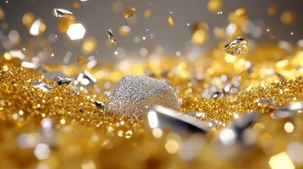 Wall Mural - A close-up view of a sparkling explosion of gold and silver glitter, symbolizing luxury, celebration, and the joy of special occasions. The image evokes feelings of opulence, glamour, and festive spir