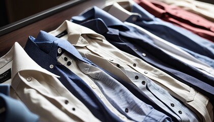 Wall Mural - A close-up view of several neatly folded shirts on a table, highlighting the textures and colors of each garment for a stylish and organized presentation, Generative AI