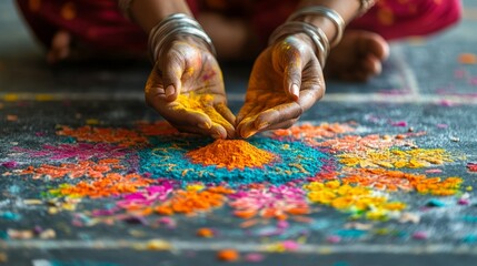 Hands creating a colorful rangoli pattern on the floor with vibrant powders during Diwali celebrations at home