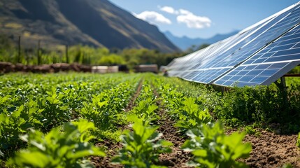 sustainable farming. a lush green farm featuring rows of vibrant crops alongside solar panels under 