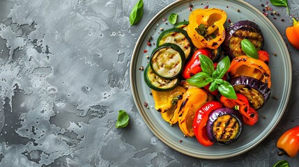 Grilled colorful vegetable : bell pepper, zucchini, eggplant on a plate over light grey slate, stone or concrete background. Top view with copy space. 