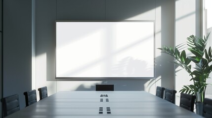 Blank screen in a light modern conference room with some people. AI generative 