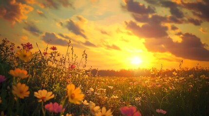 Wall Mural - golden sunset over wildflowers