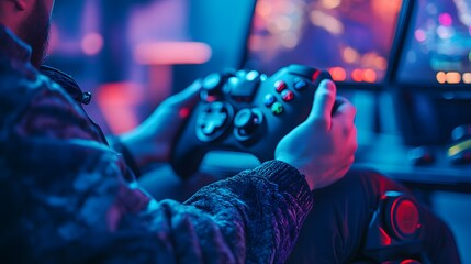 Tech accessibility. A close-up of a gamer holding a video game controller while immersed in a vibrant and colorful gaming environment.