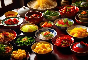 Wall Mural - vibrant array traditional chinese dishes displayed colorful bowls fresh ingredients artful presentation, appetizing, aromatic, authentic, banquet, beef