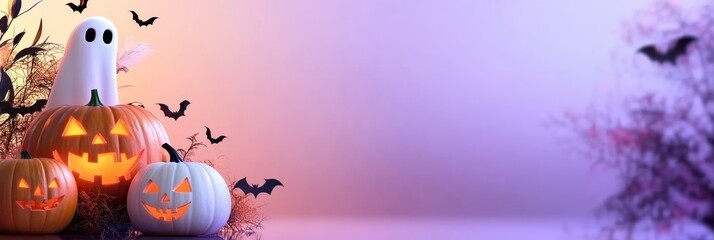 Canvas Print - A festive Halloween wallpaper featuring a friendly ghost perched atop a glowing jack-o'-lantern, surrounded by other pumpkins and bats against a vibrant purple and orange background. This image repres