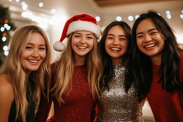 Four Cheerful Young Women in Festive Attire